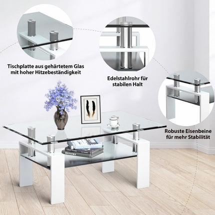 Balts stikla kafijas galdiņš ar plauktu – 99 x 60 x 44,5 cm