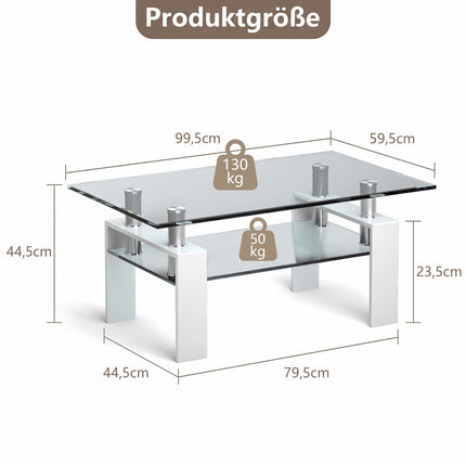 Balts stikla kafijas galdiņš ar plauktu – 99 x 60 x 44,5 cm