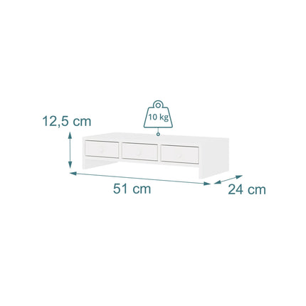 Balts monitora statīvs ar 3 atvilktnēm, MDF materiāls