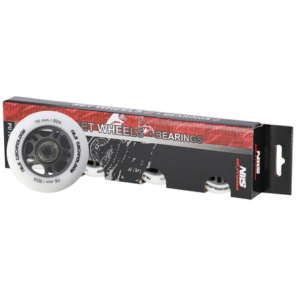 Balti PU 76x24 82A riteņi un ABEC-9 gultņi