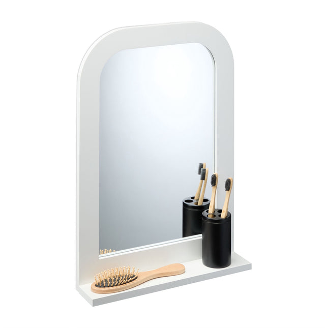 White bathroom mirror with shelf