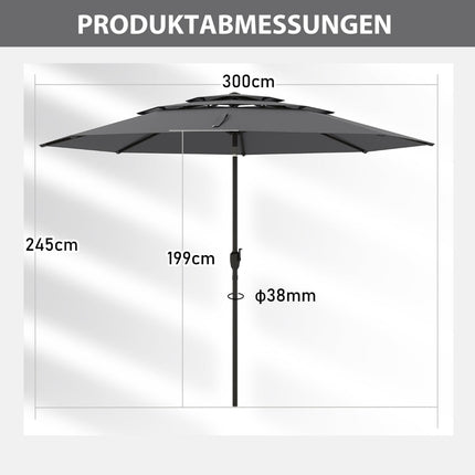 Vēja necaurlaidīgs terases saulessargs, 300 cm, ar kloķa slīpumu, pelēks