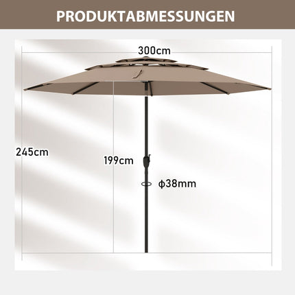 Vēja necaurlaidīgs terases saulessargs, 300 cm, noliecams un grozāms, bēšs