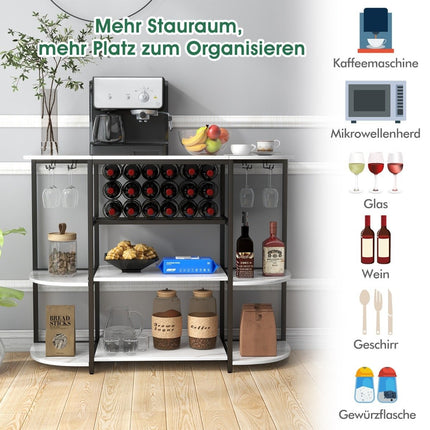 Vīna plaukts ar glāžu turētāju un plauktiem, 3 līmeņu pudeļu plaukts 18 vīna pudelēm un 8 glāzēm, 120 x 40 x 91 cm, balts