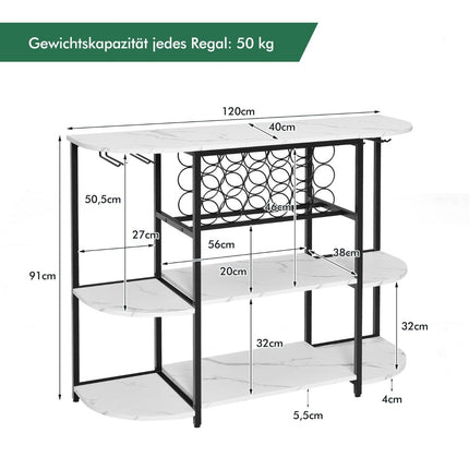 Vīna plaukts ar glāžu turētāju un plauktiem, 3 līmeņu pudeļu plaukts 18 vīna pudelēm un 8 glāzēm, 120 x 40 x 91 cm, balts