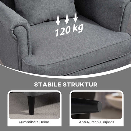 Atzveltnes krēsls ar ottomanu, pelēks audums, gumijkoka kājas