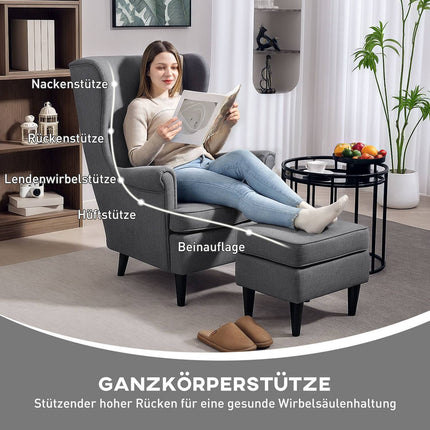 Atzveltnes krēsls ar ottomanu, pelēks audums, gumijkoka kājas