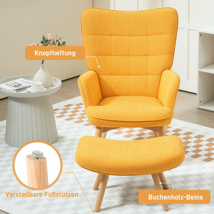 Orange corduroy wing chair with stool, wooden legs
