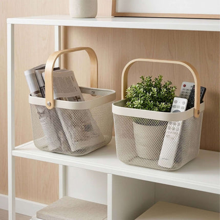Wire Storage Baskets with Bamboo Handles, Set of 2, Beige