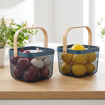 Wire Storage Baskets with Bamboo Handles, Set of 2, Blue