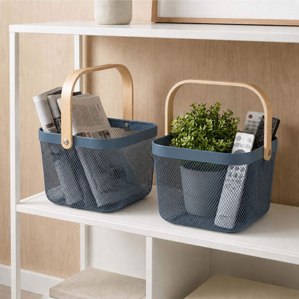 Wire Storage Baskets with Bamboo Handles, Set of 2, Blue