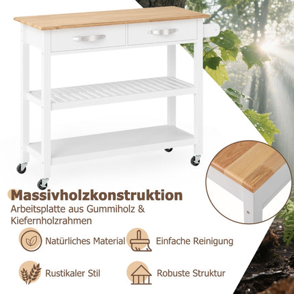 Koka virtuves ratiņi ar darba virsmu, 2 atvilktnēm un plauktiem