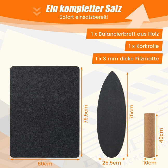 Koka līdzsvara dēlis, šūpojošais dēlis ar riteni un segu, 3-in-1 līdzsvara dēļa komplekts, melns