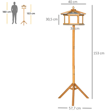 Wooden Bird Feeder Table with Stand and Sloped Metal Roof, Ø57.7x153 cm