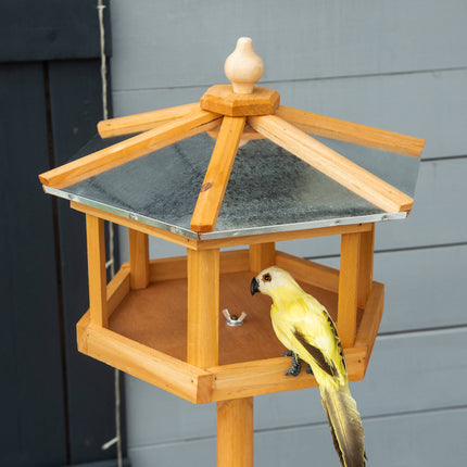 Wooden Bird Feeder Table with Stand and Sloped Metal Roof, Ø57.7x153 cm