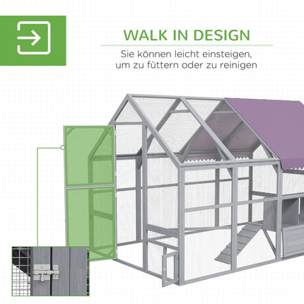 Koka vistu kūts āra aploks, 280 x 185,5 x 188 cm vistu būris ar durvīm, ligzdošanas kasti, jumtu, rampu, āra aploks 8-12 vistām, pelēks