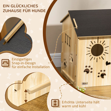 Koka suņu voljērs, mazo dzīvnieku māja ar ventilācijas atverēm, suņu būda ar jumtu, suņu ala, iekštelpu MDF, ozols + melna, 69 x 50 x 58,5 cm