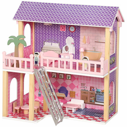 Wooden Dollhouse 69 cm with 2 Dolls, 11 Furniture Pieces, Ladder, Balcony, Pink