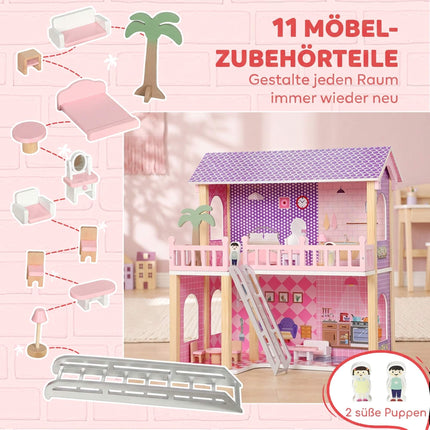 Wooden Dollhouse 69 cm with 2 Dolls, 11 Furniture Pieces, Ladder, Balcony, Pink