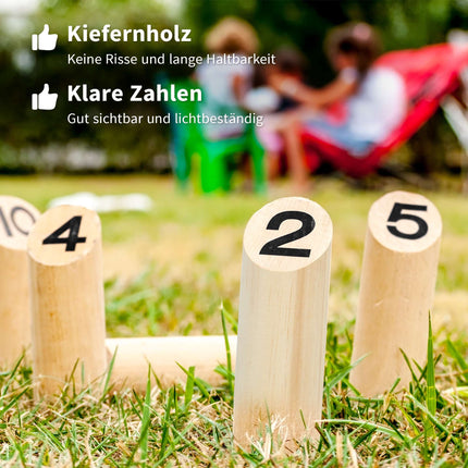 Koka Mölkky spēļu komplekts - 12 ķegļi, 1 metamā nūja, kaste