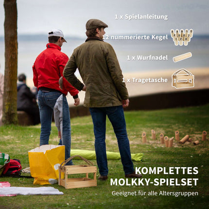 Koka Mölkky spēļu komplekts - 12 ķegļi, 1 metamā nūja, kaste