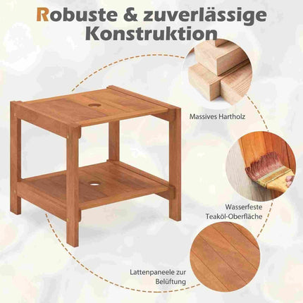 Koka āra galdiņš ar lietussarga atveri un plauktiem