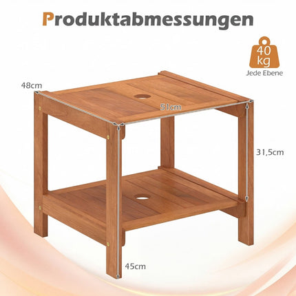 Koka āra galdiņš ar lietussarga atveri un plauktiem