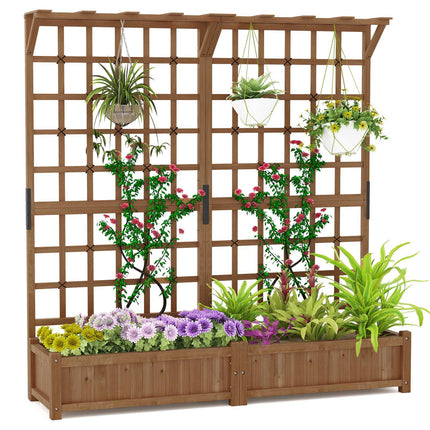 Koka puķu kaste ar režģi un jumtiņu vīteņaugiem