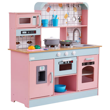 Wooden Play Kitchen Set, Lights Sounds, 24-Piece, Pink
