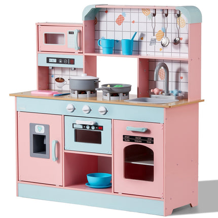 Wooden Play Kitchen Set, Lights Sounds, 24-Piece, Pink