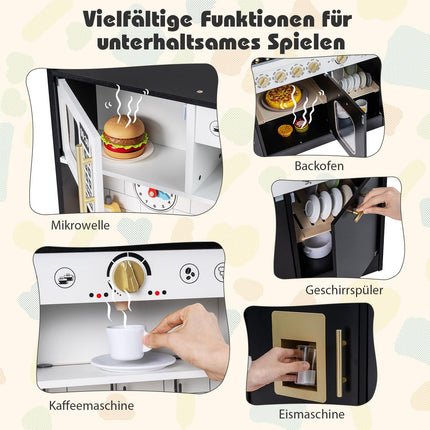 Koka rotaļu virtuve ar gaismu un skaņu, melna, 14 aksesuāri