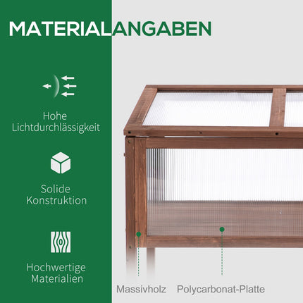 Koka paaugstināta dobe, aukstais rāmis, audzēšanas galds, garšaugu dobe, augu kaste dārzam, balkonam un terasei, brūna egles koks, PC plate, 90 x 50 x 93 cm