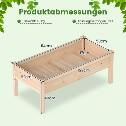 Koka paaugstināta dārza puķu dobe ar drenāžas caurumiem, 122x62 cm