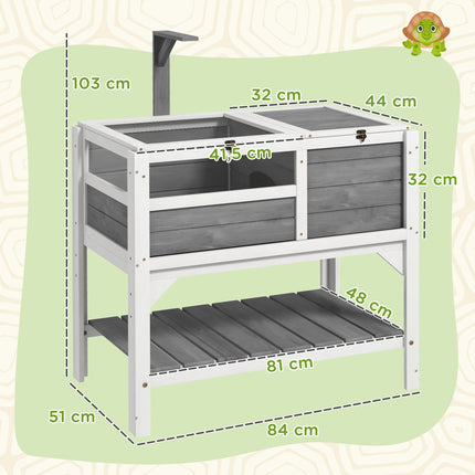 Wooden Tortoise House with Shelf and Lamp Holder, Acrylic Windows, Light Grey