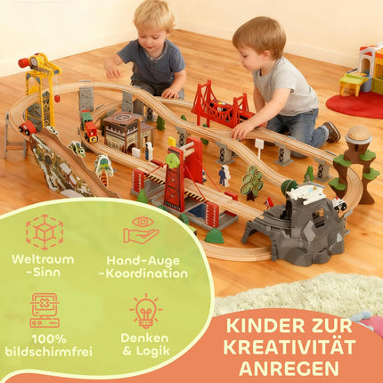 Koka vilciena komplekts, 100 detaļas, magnētiskais celtnis, dižskābardis