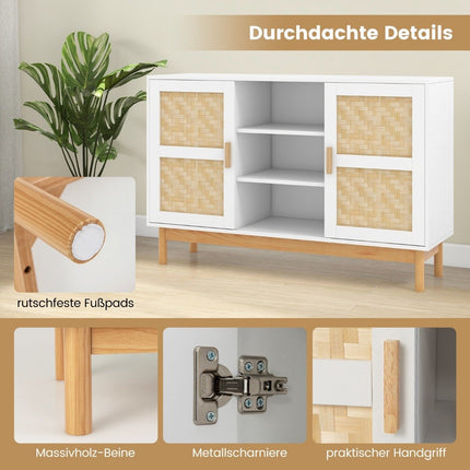 Wooden buffet cabinet kitchen cabinet with 2 bamboo doors & 3 open shelves 120 x 35 x 78 cm natural + white