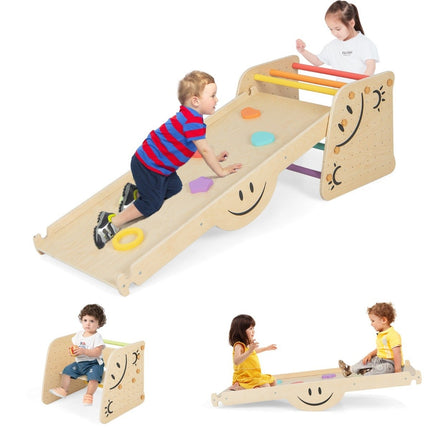 Wooden climber set with reversible ramp & seesaw & climbing ladder & smiley face patterns climbing toy
