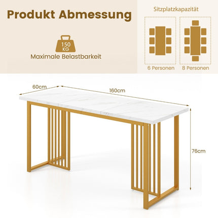 Wooden dining room table 160 x 60 cm rectangular kitchen table with marble look and metal legs white + gold