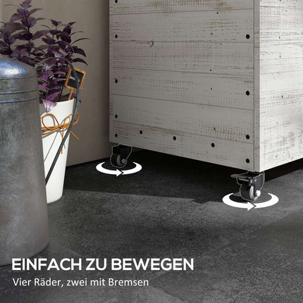 Wooden planter box with wheels and storage, 110x50x95 cm