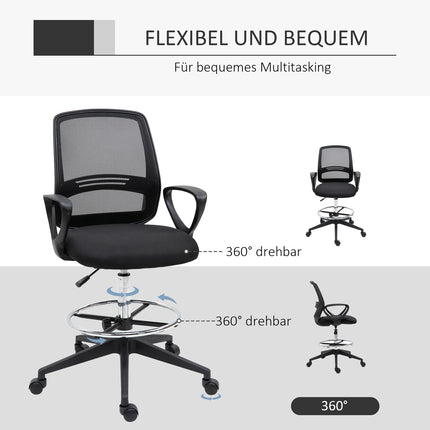 Darba krēsls Ergonomisks Grozāmais Krēsls, Biroja Krēsls, Regulējams Augstums Stāvēšanai, Kāju Balsts, Metāls, Melns, 59.5X60X102.5-126Cm