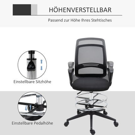Darba krēsls Ergonomisks Grozāmais Krēsls, Biroja Krēsls, Regulējams Augstums Stāvēšanai, Kāju Balsts, Metāls, Melns, 59.5X60X102.5-126Cm