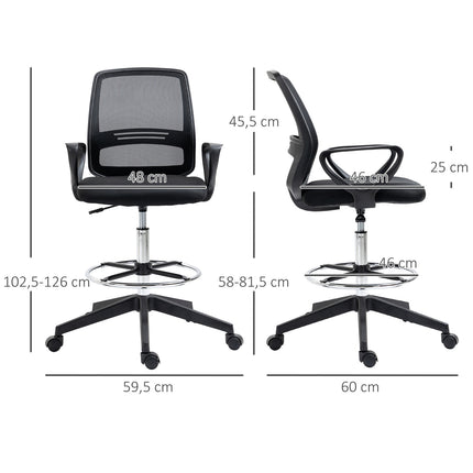 Darba krēsls Ergonomisks Grozāmais Krēsls, Biroja Krēsls, Regulējams Augstums Stāvēšanai, Kāju Balsts, Metāls, Melns, 59.5X60X102.5-126Cm