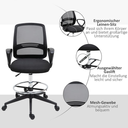 Darba krēsls Ergonomisks Grozāmais Krēsls, Biroja Krēsls, Regulējams Augstums Stāvēšanai, Kāju Balsts, Metāls, Melns, 59.5X60X102.5-126Cm