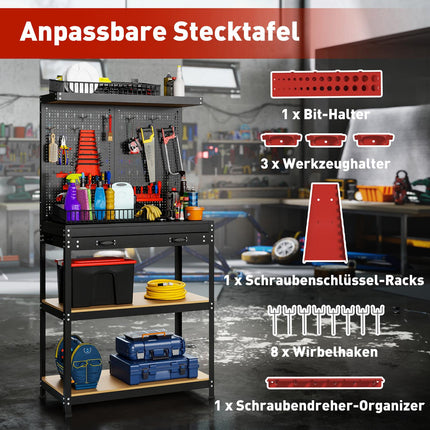 Darbagalds ar perforētu dēli, āķiem, atvilktni, 2 plauktiem, melns