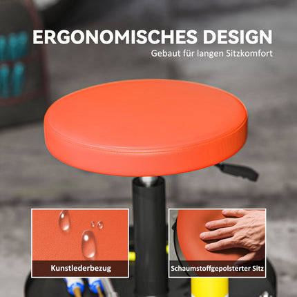 Darbnīcas krēsls ar riteņiem, regulējams augstums no 38 līdz 50 cm, kravnesība līdz 135 kg, oranžs
