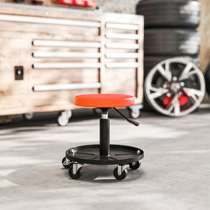 Darbnīcas krēsls ar riteņiem, regulējams augstums no 38 līdz 50 cm, kravnesība līdz 135 kg, oranžs