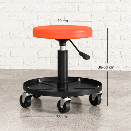 Darbnīcas krēsls ar riteņiem, regulējams augstums no 38 līdz 50 cm, kravnesība līdz 135 kg, oranžs