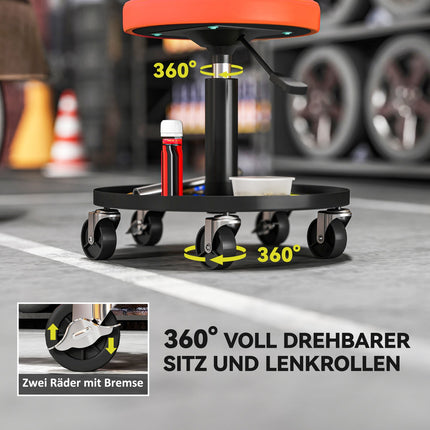 Darbnīcas krēsls ar riteņiem, regulējams augstums no 38 līdz 50 cm, kravnesība līdz 135 kg, oranžs