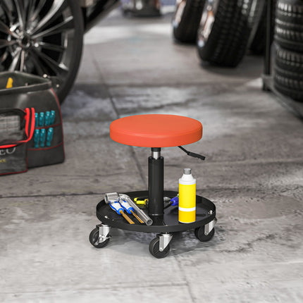 Darbnīcas krēsls ar riteņiem, regulējams augstums no 38 līdz 50 cm, kravnesība līdz 135 kg, oranžs