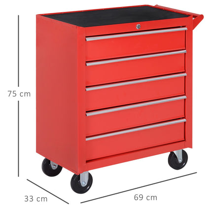 Darbnīcas ratiņi ar riteņiem, instrumentu ratiņi ar 5 atvilktnēm, slēdzami ratiņi ar EVA paklāju, mobilie montāžas ratiņi, maksimālā slodze 150 kg, tērauds, sarkani